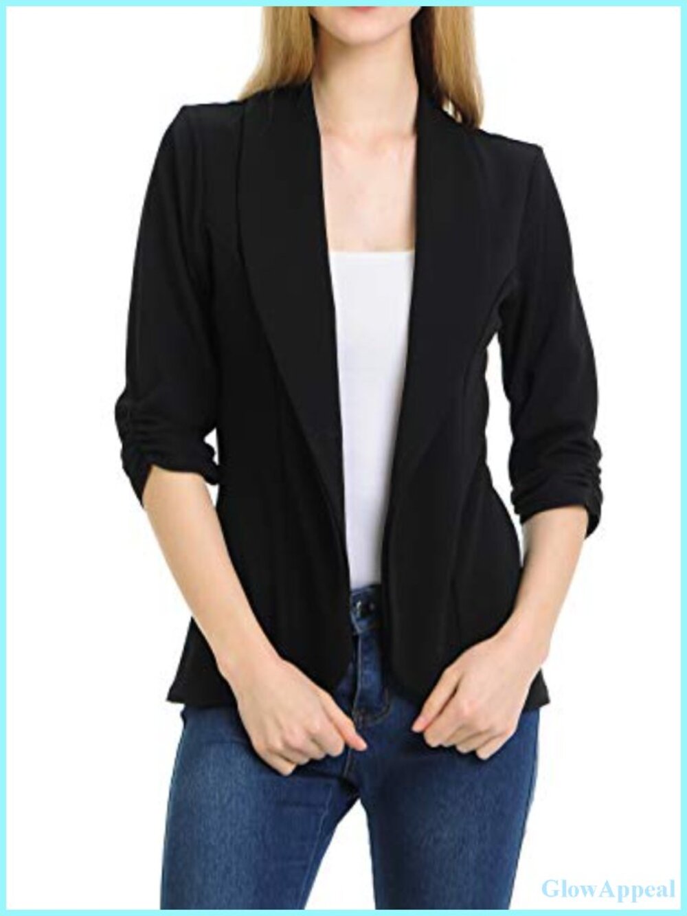 Women's 3/4 Ruched Sleeve Lightweight Blazer Jacket Work Office